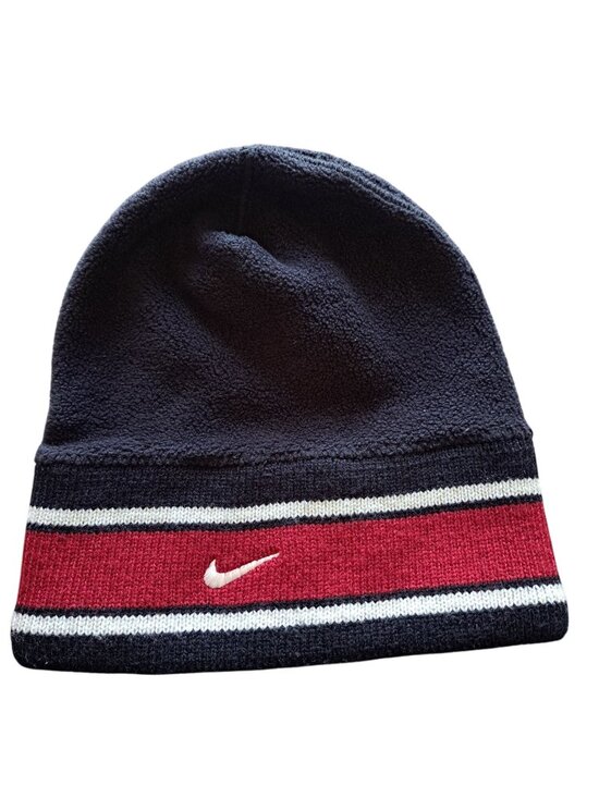 Nike Other - Vtg Nike Fleece Knit Beanie Hat Red Stripe And Embroidered Swoosh Logo One Size